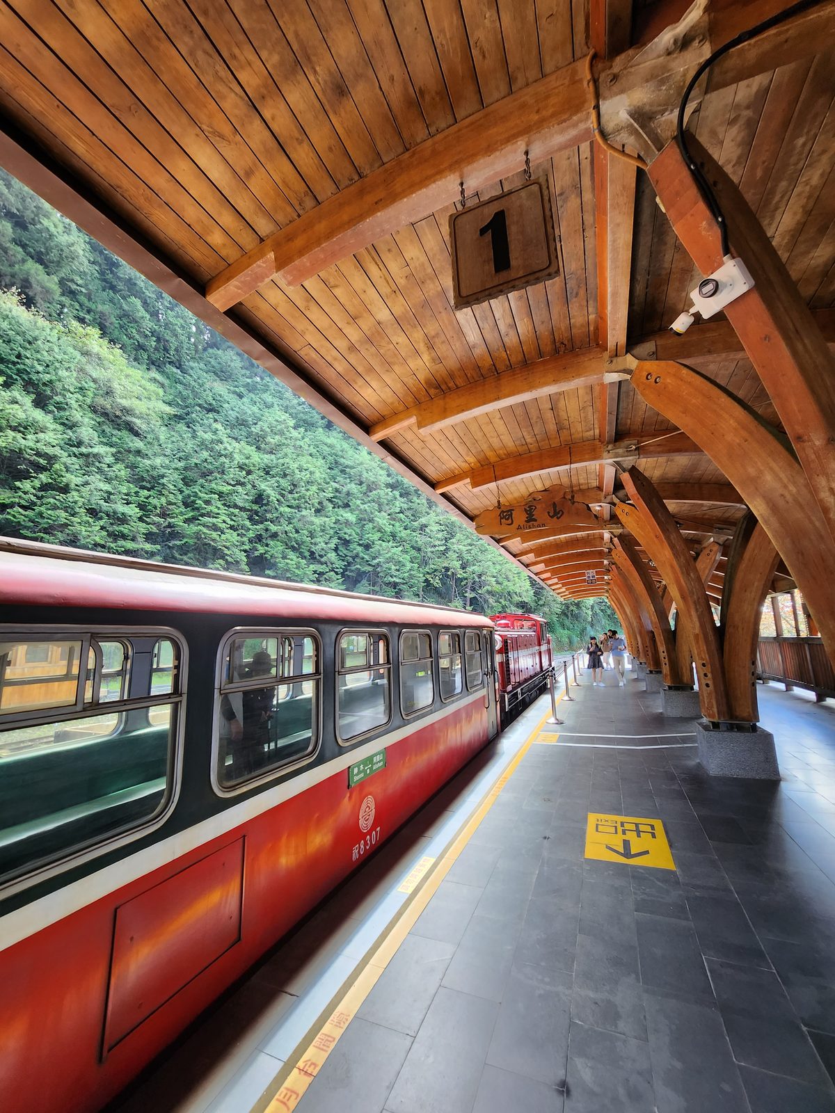阿里山車站月台的木構雨棚與樑上木刻站牌,旁邊停靠紅色列車