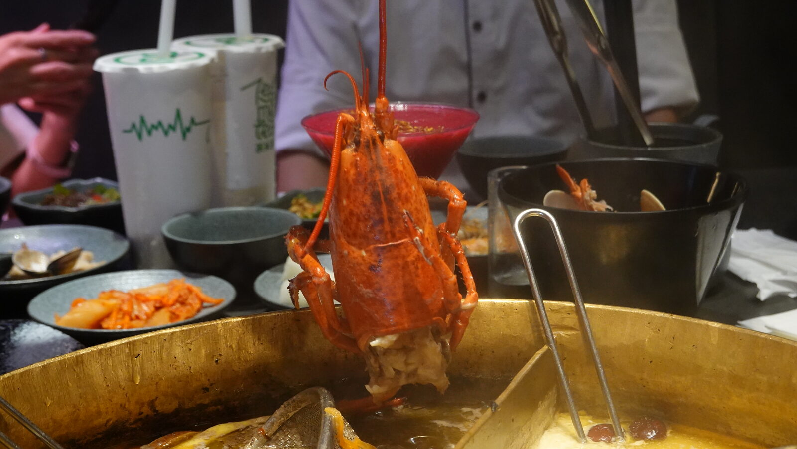 직원이 긴 집게로 냄비에서 건져 올린 주황빛 붉은 랍스터
