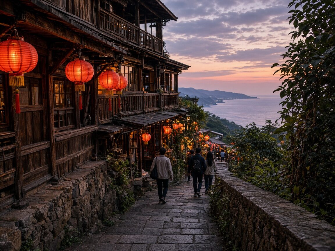 黃昏時分九份石階老街掛滿紅燈籠，遠方可見海景