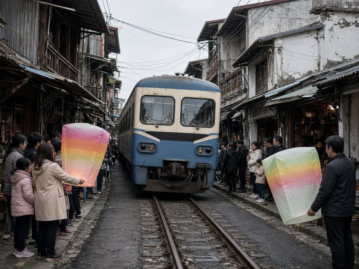 列車緩緩駛過十分老街，遊客手持天燈在鐵道兩側等候