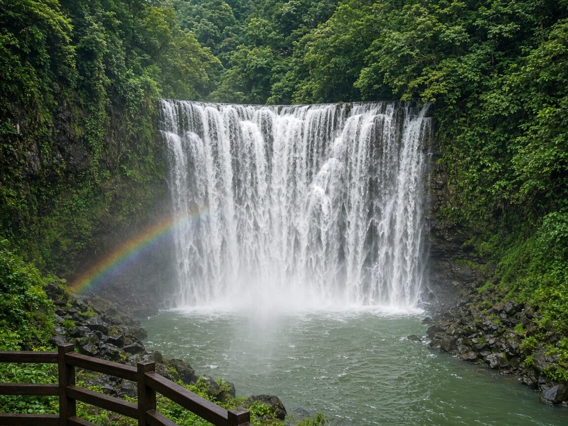 十分瀑布水簾傾瀉，水霧中出現彩虹