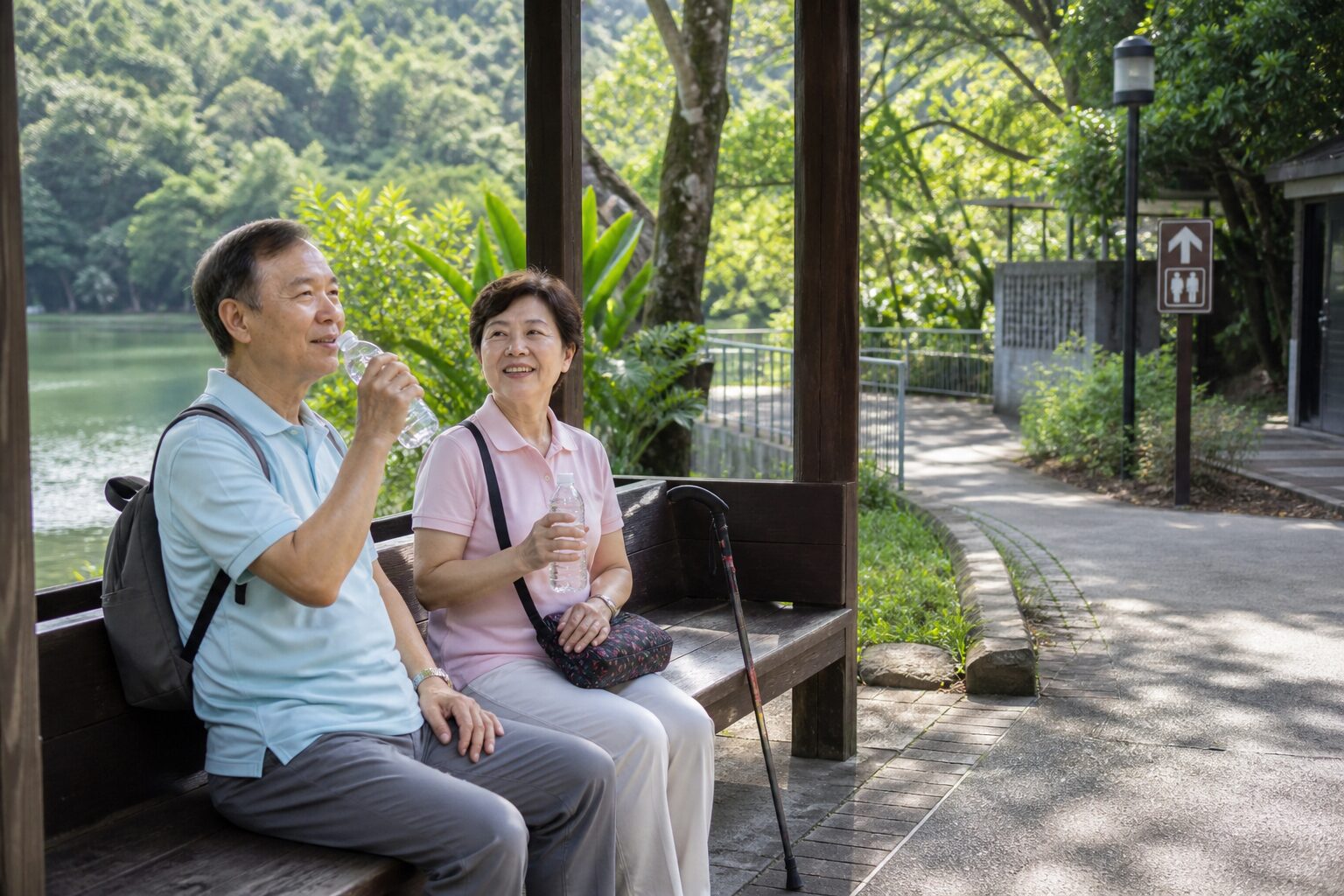長輩夫妻在有座椅與平坦步道的湖畔休息補水