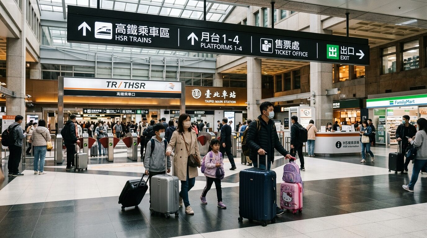 台北駅構内の乗り換えの混雑と荷物を運ぶ家族旅行客のイメージ