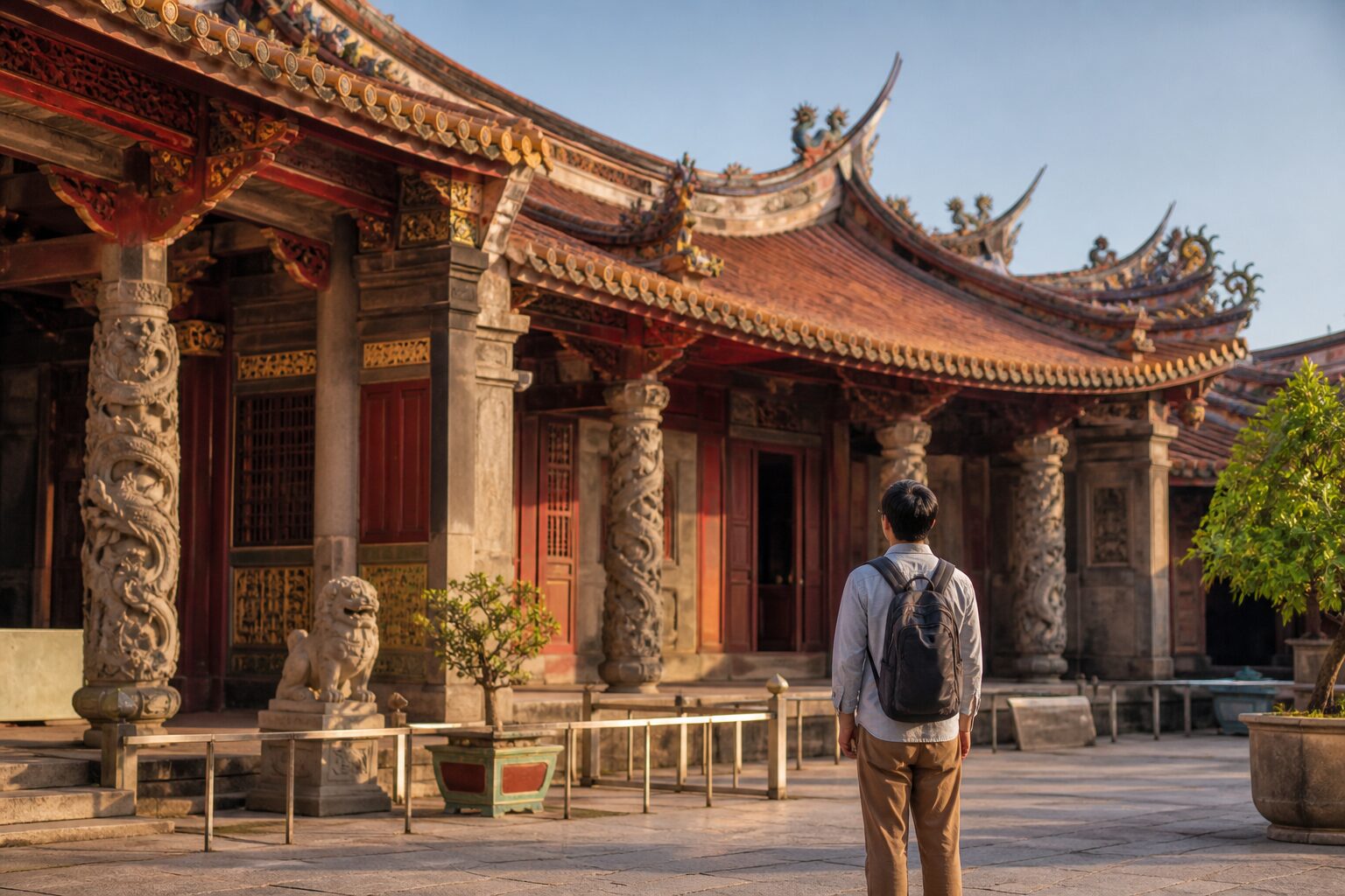 情境示意:旅客站在開放動線上,與台灣傳統寺廟的石雕和木構保持距離