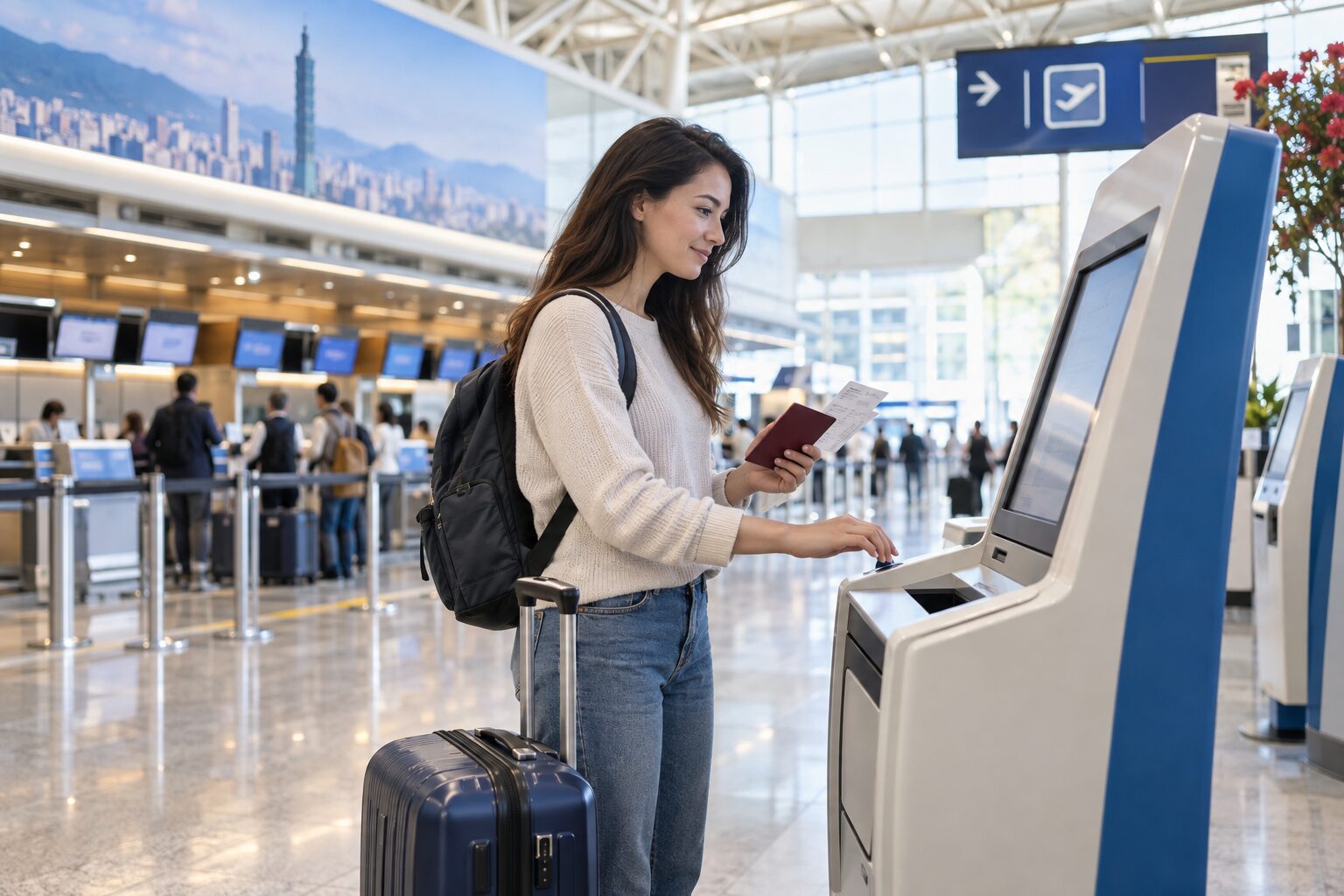 外籍旅客在台灣機場使用電子退稅機具的情境示意