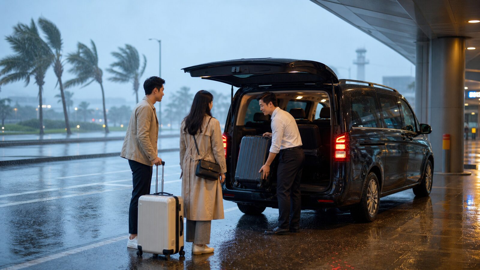 颱風雨天旅客在台灣機場搭乘包車接送