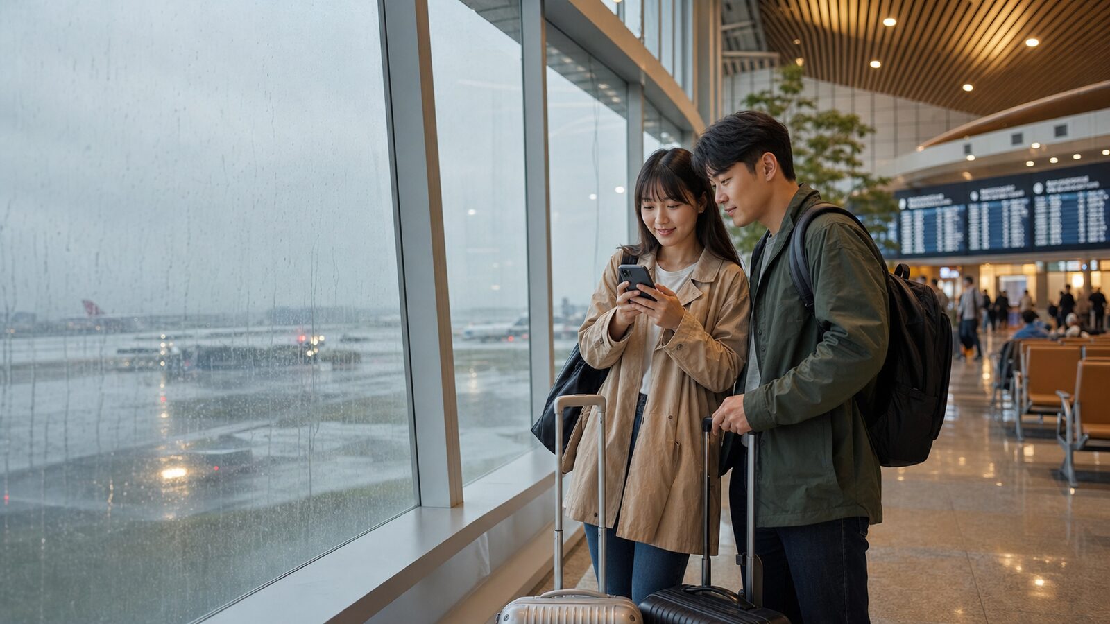 旅客在雨天機場查看飛往台灣的航班狀態