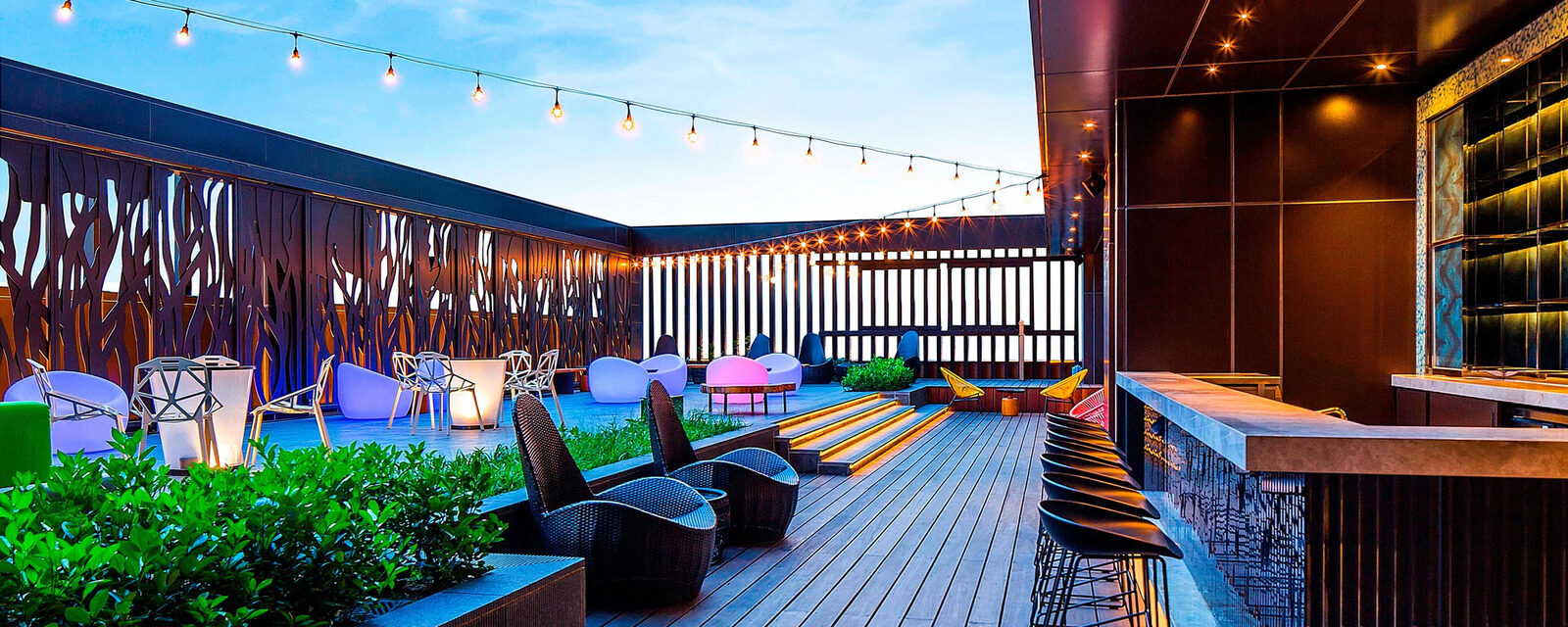 Outdoor seating on a wooden-deck backyard under string lights, with green plants alongside
