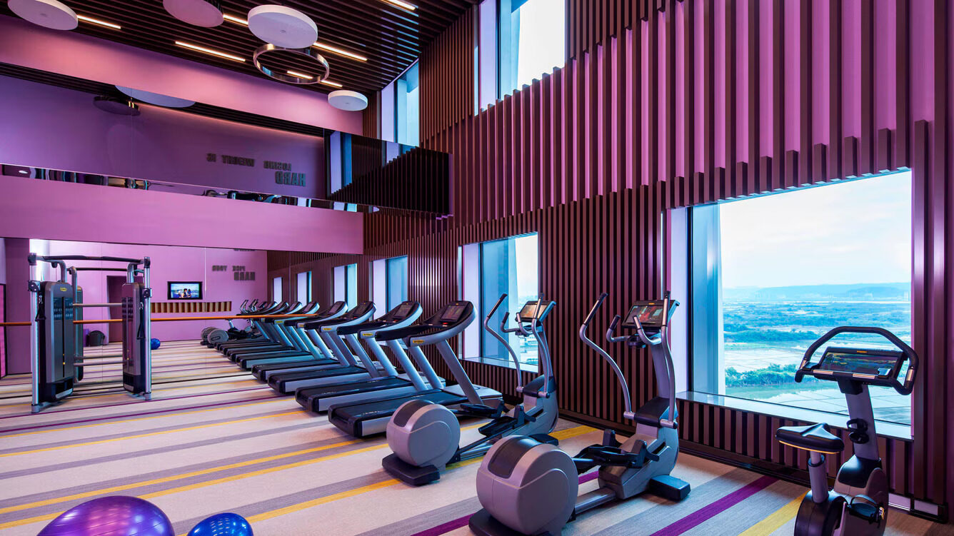 A pink-and-purple gym with a row of treadmills and ellipticals, the riverside plain of Guandu beyond the large windows