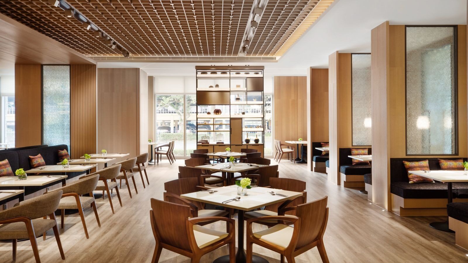 Neat rows of wooden tables and chairs beneath a wooden slatted ceiling, bright light coming through the windows