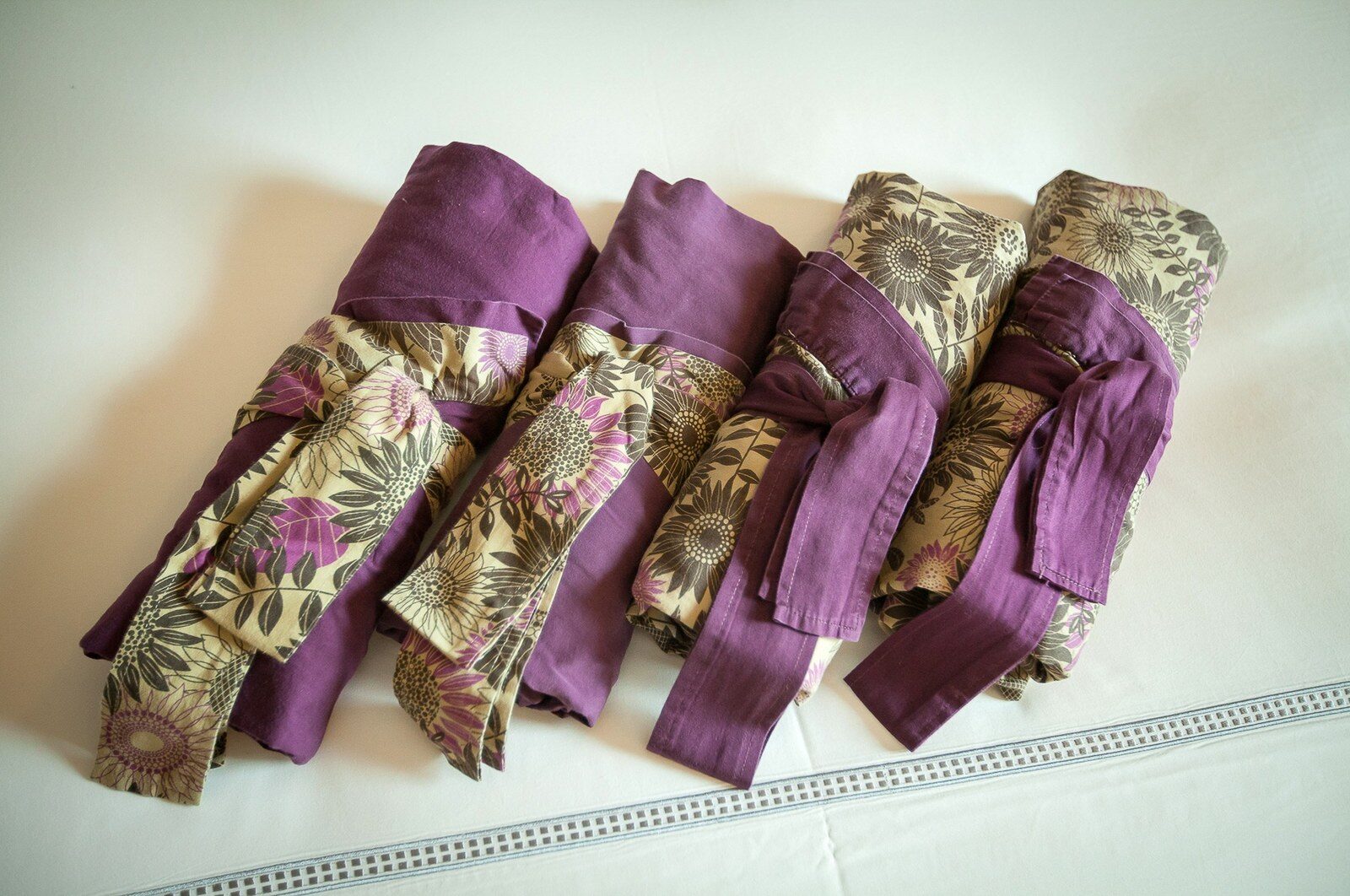 A purple patterned yukata provided in the guest room