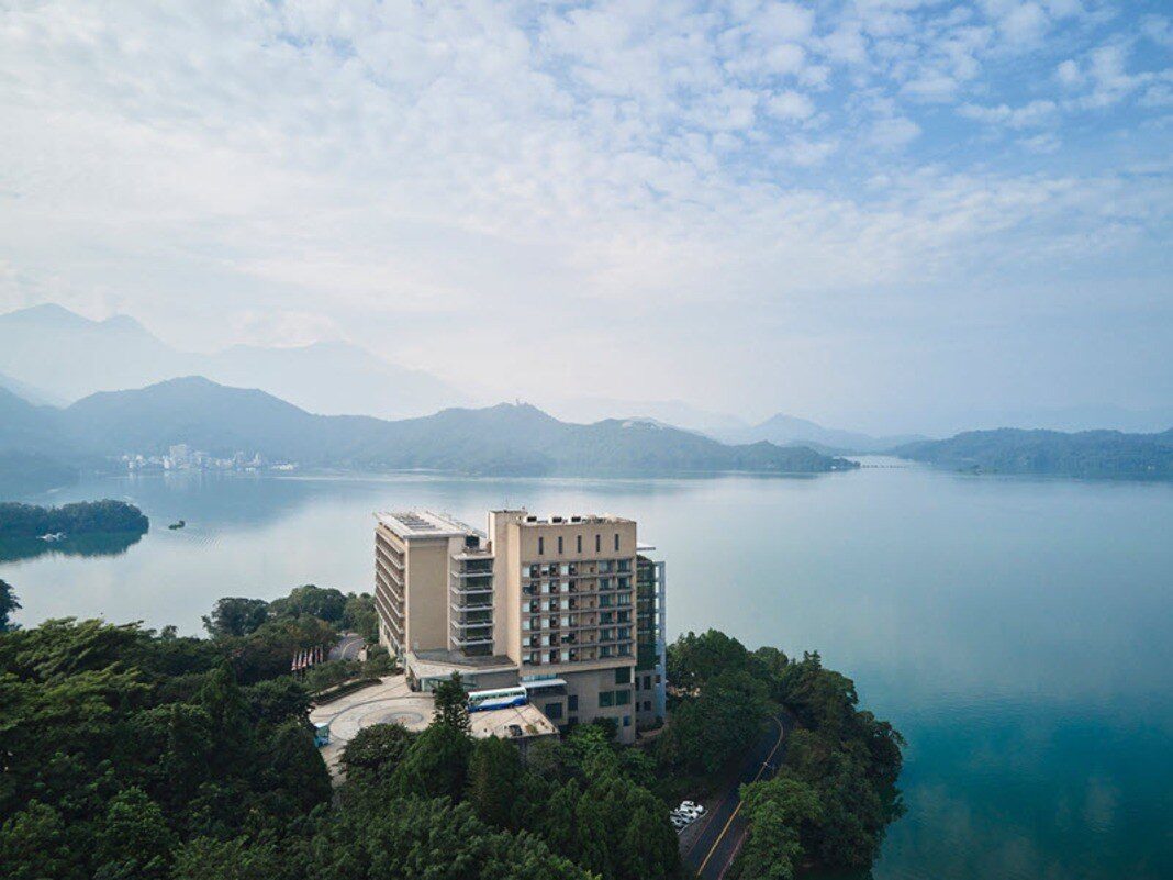 Aerial view of Fleur de Chine Hotel and the lake on the north shore of Sun Moon Lake