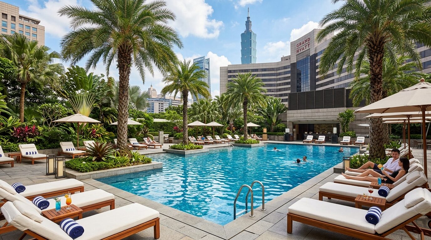 台北君悅酒店戶外溫水綠洲泳池與池畔棕櫚樹躺椅