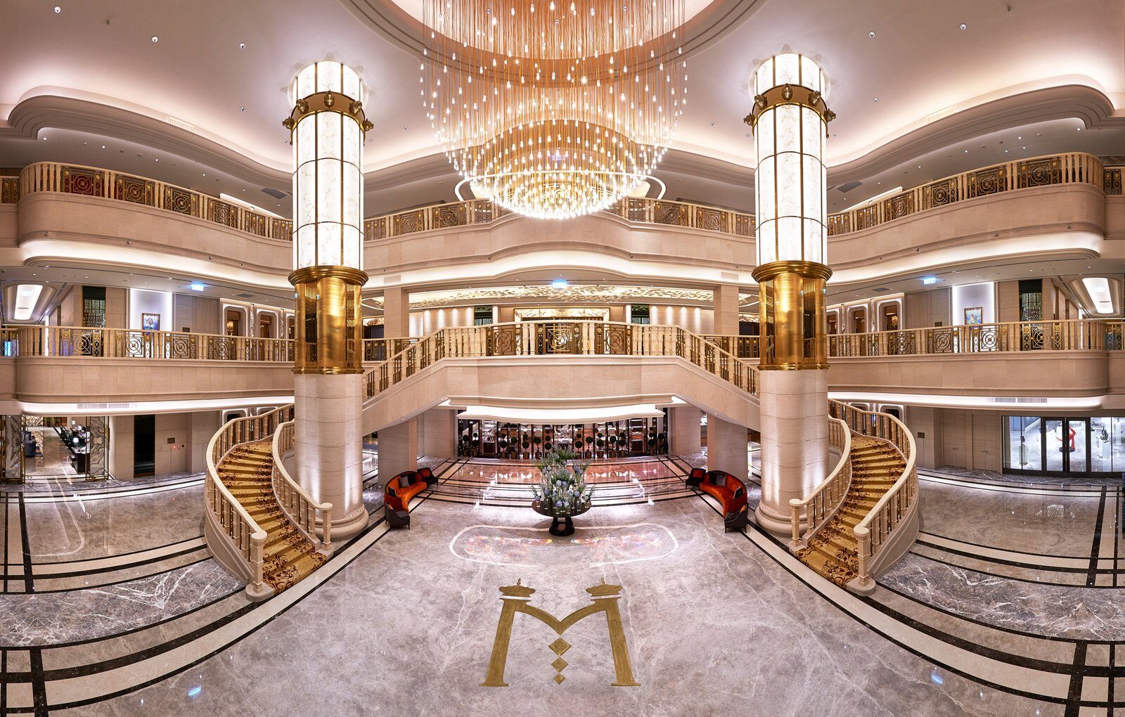 The high-ceilinged lobby and Roman columns of Grand Mayfull Hotel Taipei