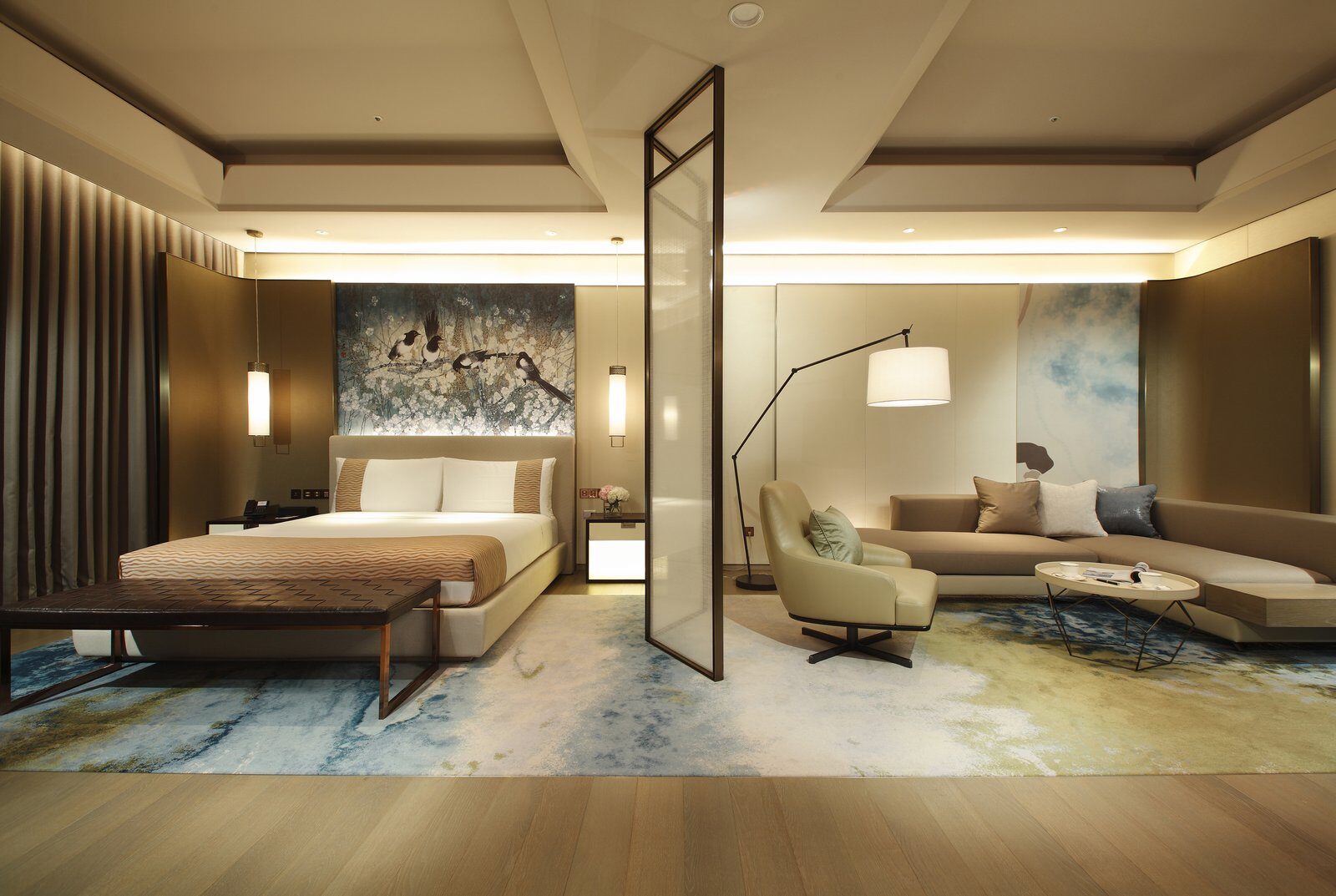 A king bed and floor-to-ceiling windows in a room at Grand Mayfull Hotel Taipei
