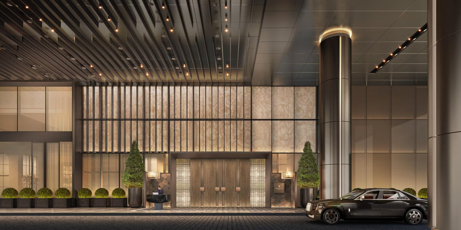 Design rendering of the hotel's entrance porte-cochère: vertical slatted facade and wooden doors under a wood-grain grille ceiling, with a black sedan parked on the right