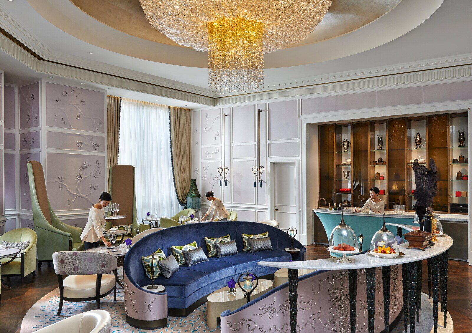 Sofa seating and afternoon tea at The Jade Lounge, Mandarin Oriental, Taipei